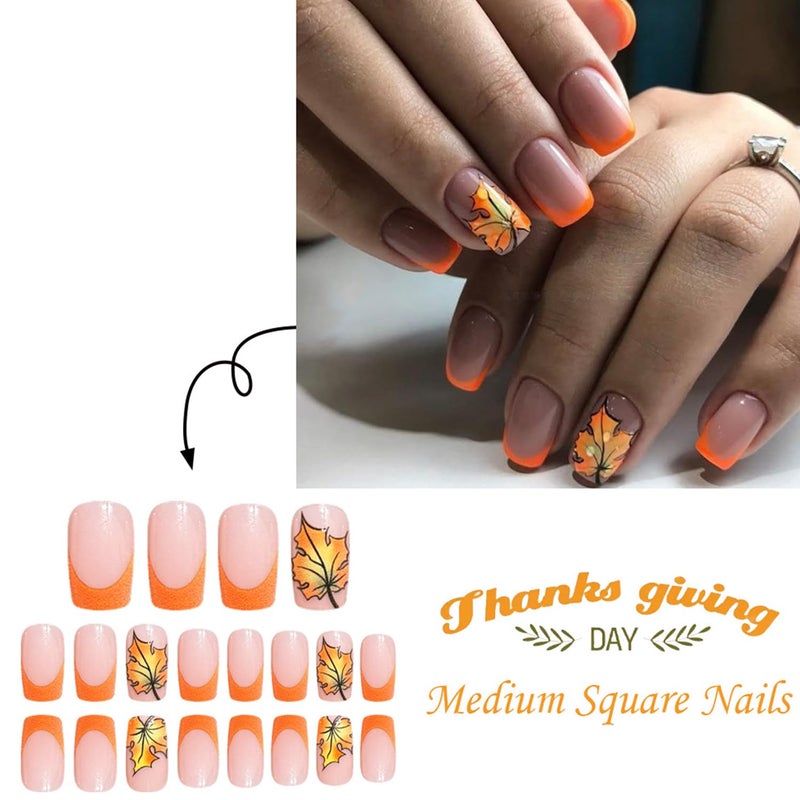CJDLTS Orange French Press on Nails Short Square Thanksgiving Maple Leaf False Nail Full Cover Glossy Acrylic Stick on Nail Fall Artificial Fingernails Press Ons Festival Glue on Nails for Women 24Pcs - Image 3